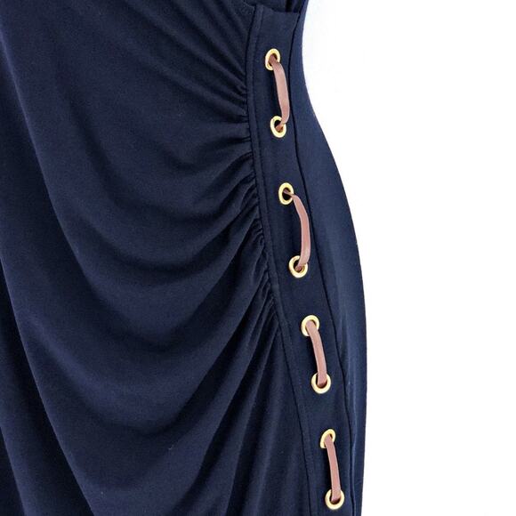 Carmen Marc Valvo Cut & Sew Dress Laced Blue Wrap BodyCon Stretch SMALL - Picture 4 of 7